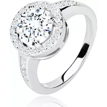 Prsten Zásnubní prsten ze stříbra 925 - kulatý zirkon s třpytivým lemem, lesklá ramena - Velikost: 54