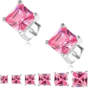 Náušnice Puzetové náušnice, stříbro 925, růžový čtvercový zirkon - Velikost zirkonu: 3 mm