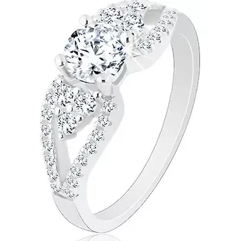 Prsten Stříbrný 925 prsten, blýskavý zirkon, lístky po stranách, rozdvojená ramena - Velikost: 50