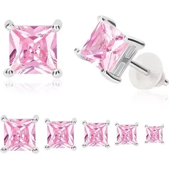 Náušnice Stříbrné náušnice 925 - hranatý růžový zirkon ve čtvercovém kotlíku, puzetka - Velikost zirkonu: 8 mm