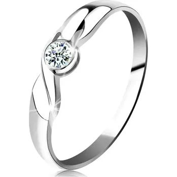 Prsten Prsten v bílém 14K zlatě - kulatý briliant čiré barvy, vlnka, lesklá ramena - Velikost: 59