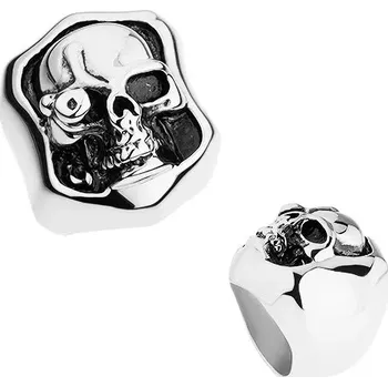 Prsten Masivní prsten z oceli 316L, stříbrná barva, patina, lebka s umělým okem - Velikost: 57