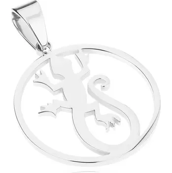 Přívěsek Lesklý kruhový přívěsek z oceli 316L, stříbrná barva, ještěrka v obrysu kruhu