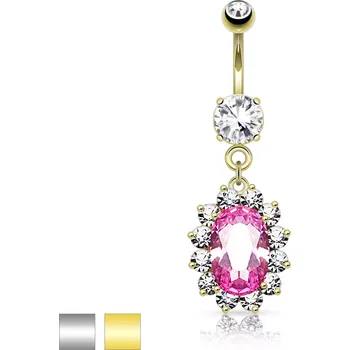 Piercing Ocelový piercing do pupíku, růžový zirkonový ovál, čirý blýskavý lem - Barva piercing: Zlatá
