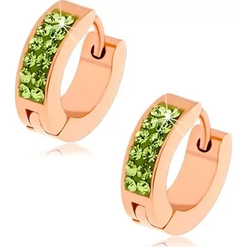 Náušnice Ocelové náušnice, dvě svislé linie zelených zirkonů, povrch měděné barvy