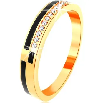 Prsten Prsten ve žlutém 14K zlatě - pásy z černé glazury, linie zirkonků čiré barvy - Velikost: 49