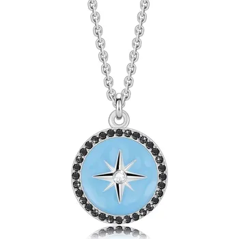 Náhrdelník Stříbrný náhrdelník 925 - světle modrý kompas s kubickými zirkony a růžicí, černé zirkony