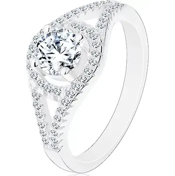 Prsten Blýskavý zásnubní prsten, stříbro 925, rozdvojená ramena, kruh se zirkonem - Velikost: 54