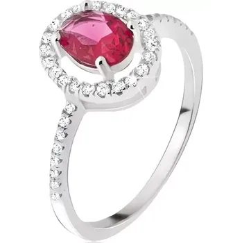 Prsten Stříbrný prsten 925 - oválný růžovočervený kamínek, zirkonová obruba - Velikost: 65