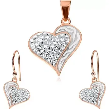 Přívěsek Stříbrný set 925 - náušnice a přívěsek měděné barvy, srdce s vlnkami a zirkony
