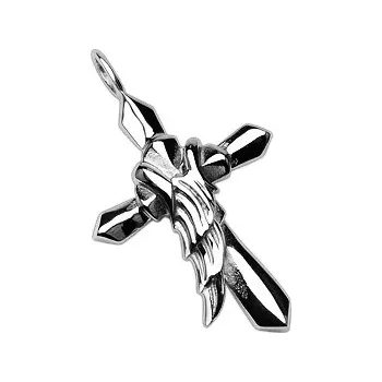 Přívěsek Šperky Eshop Přívěsek z chirurgické oceli - kříž s křídlem anděla Stříbrná