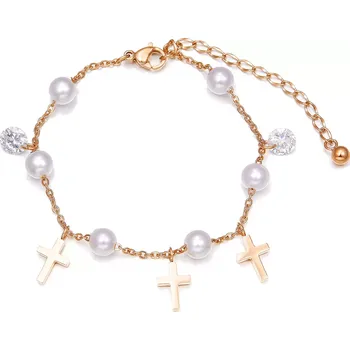 Náramek Náramek z oceli v měděné barvě - křížek, syntetické perly, čiré zirkony