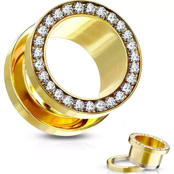 Piercing Tunel do ucha z chirurgické oceli, čiré zirkony v kruhu, zlatá barva, PVD - Tloušťka : 1,2 mm