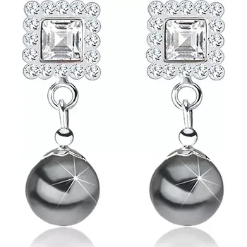 Náušnice Náušnice ze stříbra 925, čtverec zdobený šedými krystaly, šedá perla