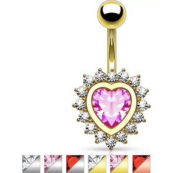 Piercing Piercing do bříška z chirurgické oceli, třpytivé zirkonové srdce s čirým lemem - Barva zirkonu: Červená - R, Barva piercing: Měděná