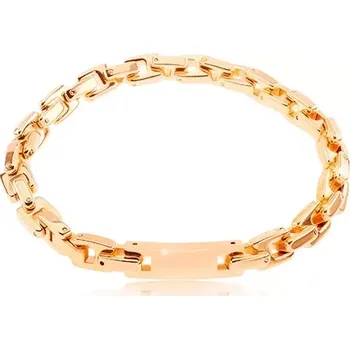 Náramek Ocelový náramek měděné barvy, řetěz z hranatých článků, známka