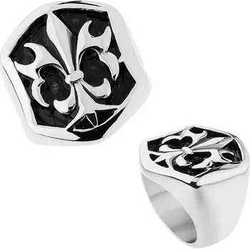 Prsten Ocelový prsten stříbrné barvy, šestihranná ozdoba s patinou a Fleur de Lis - Velikost: 65