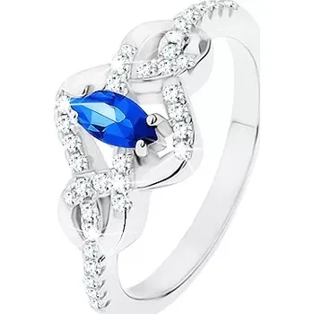 Prsten Stříbrný prsten 925, modrý zirkonový ovál, propletené linie zdobené zirkony - Velikost: 49