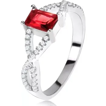 Prsten Prsten ze stříbra 925, překřížená zirkonová ramena, hranatý červený kámen - Velikost: 50