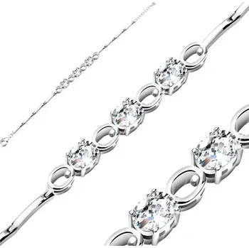 Náramek Rhodiovaný stříbrný náramek 925, zirkonové ovály čiré barvy, lesklé oválné kontury