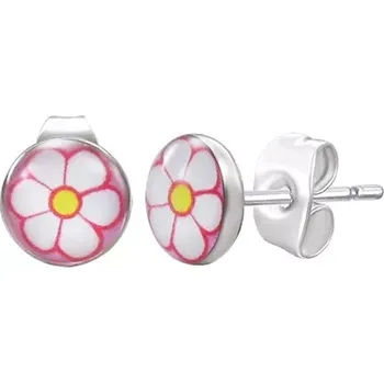 Náušnice Ocelové náušnice stříbrné barvy, bílý kvítek na růžovém pozadí