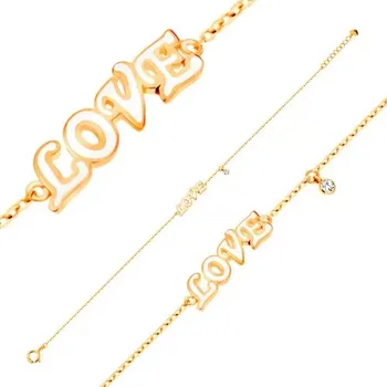 Náramek Náramek ze žlutého 14K zlata, přívěsky - bílý glazovaný nápis LOVE a zirkon