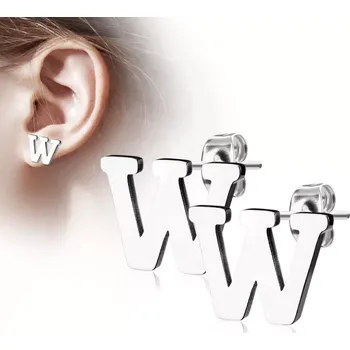 Náušnice Ocelové náušnice ve stříbrném odstínu - velké tiskací písmeno W, vysoký lesk