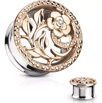 Piercing Sedlový tunel do ucha z chirurgické oceli, vyřezávaný květ, čirý zirkon, měděná barva - Tloušťka : 14 mm