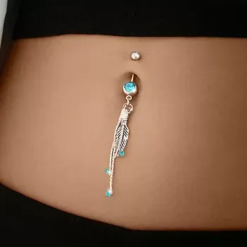 Piercing Piercing do břicha stříbrné barvy, gravírované pírko, řetízky, barevné zirkony - Barva zirkonu: Růžová - P