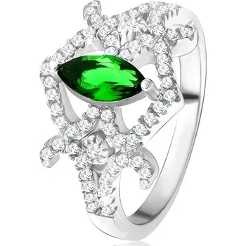 Prsten Prsten - zrníčkovitý zelený zirkon, zaoblené linie, čiré kamínky, stříbro 925 - Velikost: 57