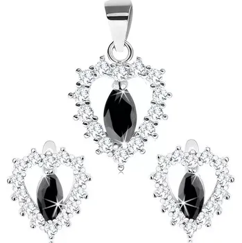 Souprava šperků Stříbrný set 925 - přívěsek a náušnice, čirý obrys srdce s černým zrnkem