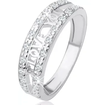 Prsten Stříbrný 925 prsten - nápis "I LOVE YOU", pásy čirých zirkonů - Velikost: 59