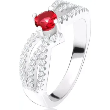 Prsten Prsten - tři zvlněné zirkonové linie, kulatý červený kámen, stříbro 925 - Velikost: 49