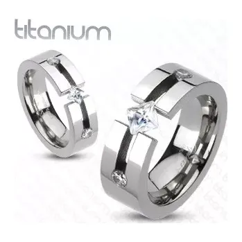 Prsten Titanový prsten - výřez, čtvercový a kulaté zirkony - Velikost: 56