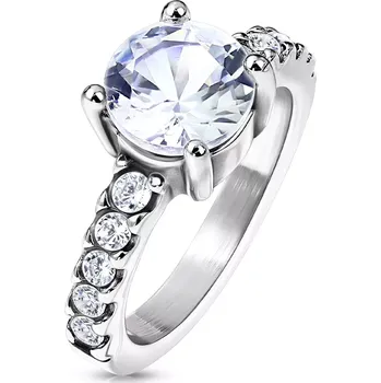 Prsten Ocelový prsten stříbrné barvy - výrazný kubický zirkon, linie kubických zirkonů - Velikost: 49