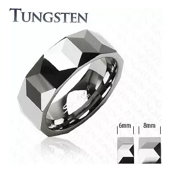 Prsten Prsten z wolframu stříbrné barvy, geometricky broušený povrch, 6 mm - Velikost: 62