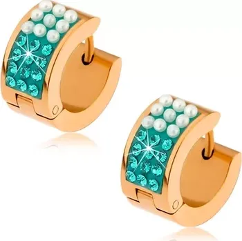 Náušnice Ocelové náušnice zlaté barvy, perleťově bílé kuličky, tyrkysové zirkony