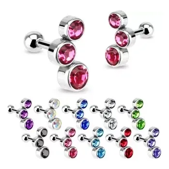 Piercing Pár ocelových piercingů do ucha, oblouk ze tří kulatých zirkonů, různé barvy - Barva zirkonu: Zelená - G