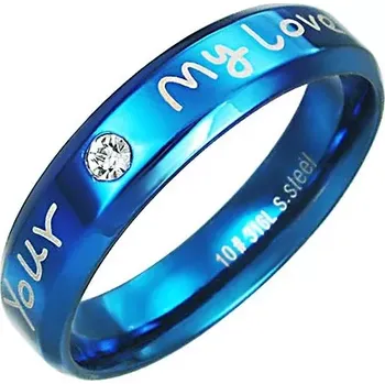 Prsten Prsten z oceli - modrá barva, zamilovaný nápis - Velikost: 62
