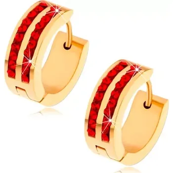 Náušnice Ocelové náušnice zlaté barvy, dvě svislé linie rubínů červených zirkonů