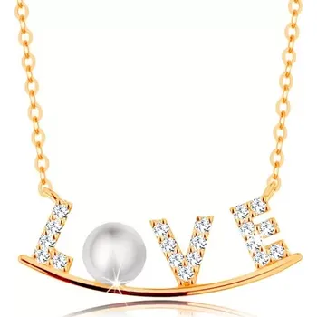 Náhrdelník Zlatý náhrdelník 585 - zirkonový nápis LOVE na lesklém oblouku, bílá perla