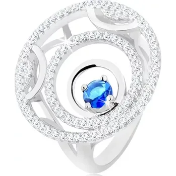 Prsten Prsten ze stříbra 925, tři kruhy, lesklé a třpytivé linie, kulatý modrý zirkon - Velikost: 49