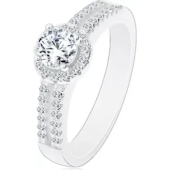 Prsten Stříbrný prsten 925, rozdělená zirkonová ramena, čirý zirkon s lemem - Velikost: 54