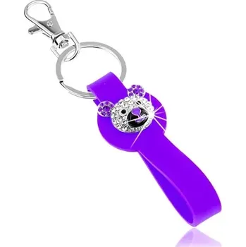 Klíčenka stříbrné barvy, fialový silikonový přívěsek, blyštivá hlava medvídka