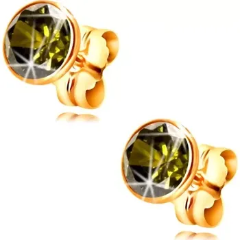 Náušnice Zlaté 14k náušnice - kulatý zirkon olivové barvy v objímce, 5 mm