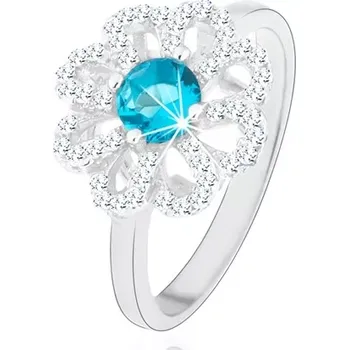 Prsten Třpytivý prsten, stříbro 925, zirkonový květ - čiré lupínky, světle modrý střed - Velikost: 58