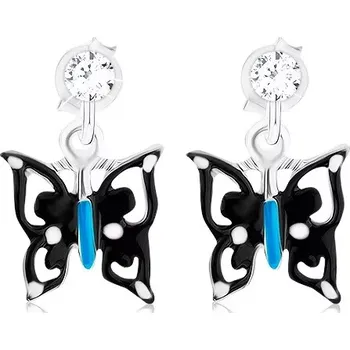 Náušnice Náušnice s černo-modro-bílým motýlem, stříbro 925, krystal