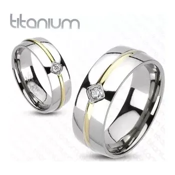 Prsten Titanový prsten - zlatý pásek, zirkon - Velikost: 62