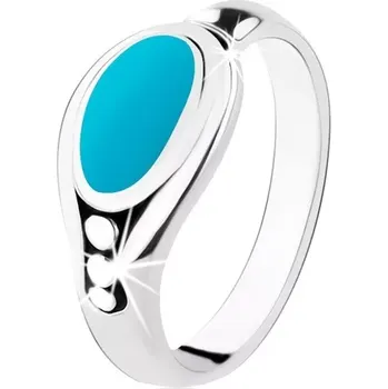 Prsten Stříbrný prsten 925, tyrkysovomodrý ovál, lesklý okraj, tři kuličky - Velikost: 52