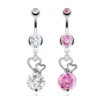 Piercing Piercing do bříška z chirurgické oceli, kontury dvou srdcí, kulatý zirkon - Barva zirkonu: Růžová - P